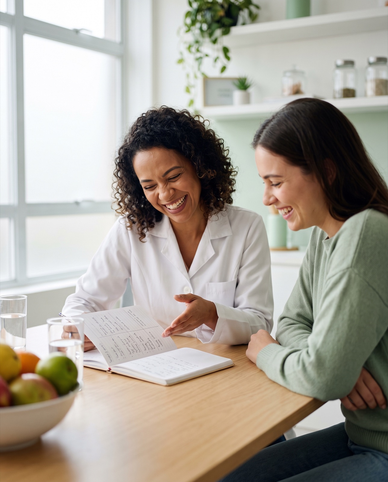 Nutricionista sorrindo com sua paciente durante uma consulta